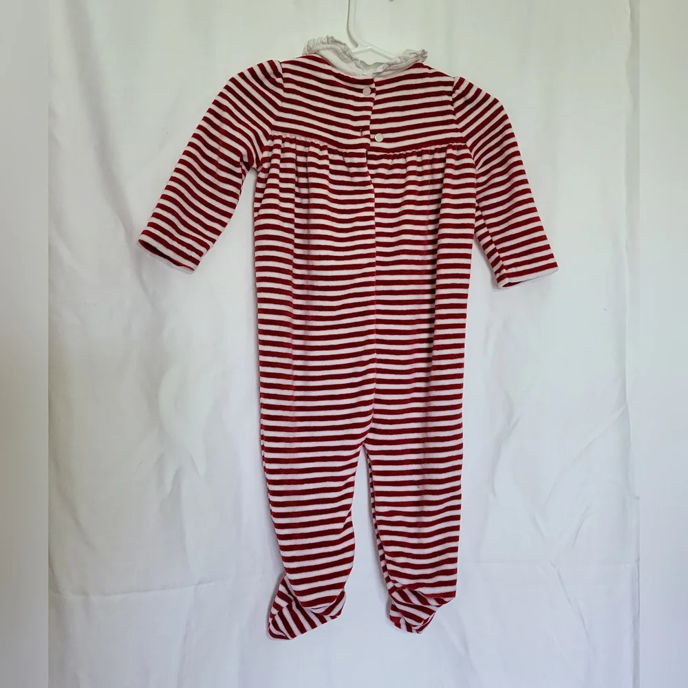 Ralph Lauren Girls Red & White Striped Velour Ruffled Neck Footed One Piece 6 Mo